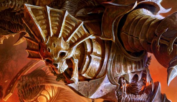 A large, helmed skeleton looms over players in Diablo 4 Season 3 The Season of the Construct.