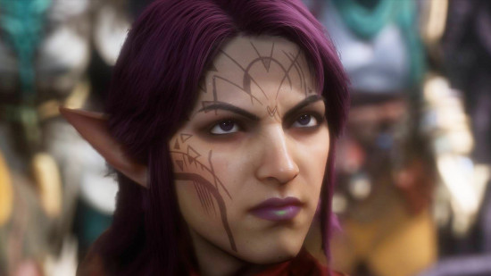 Dragon Age The Veilguard: A woman with pointed elven ears, purple hair, and face tattoos