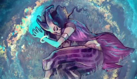 Earthblade: hand-drawn artwork of a woman in a purple outfit curled into a fetal position