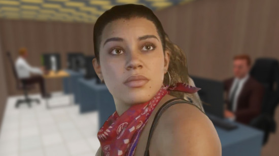 GTA 6: Lucia from GTA 6 wearing a red neck tie with a blurred videogame screenshot of office workers in the background