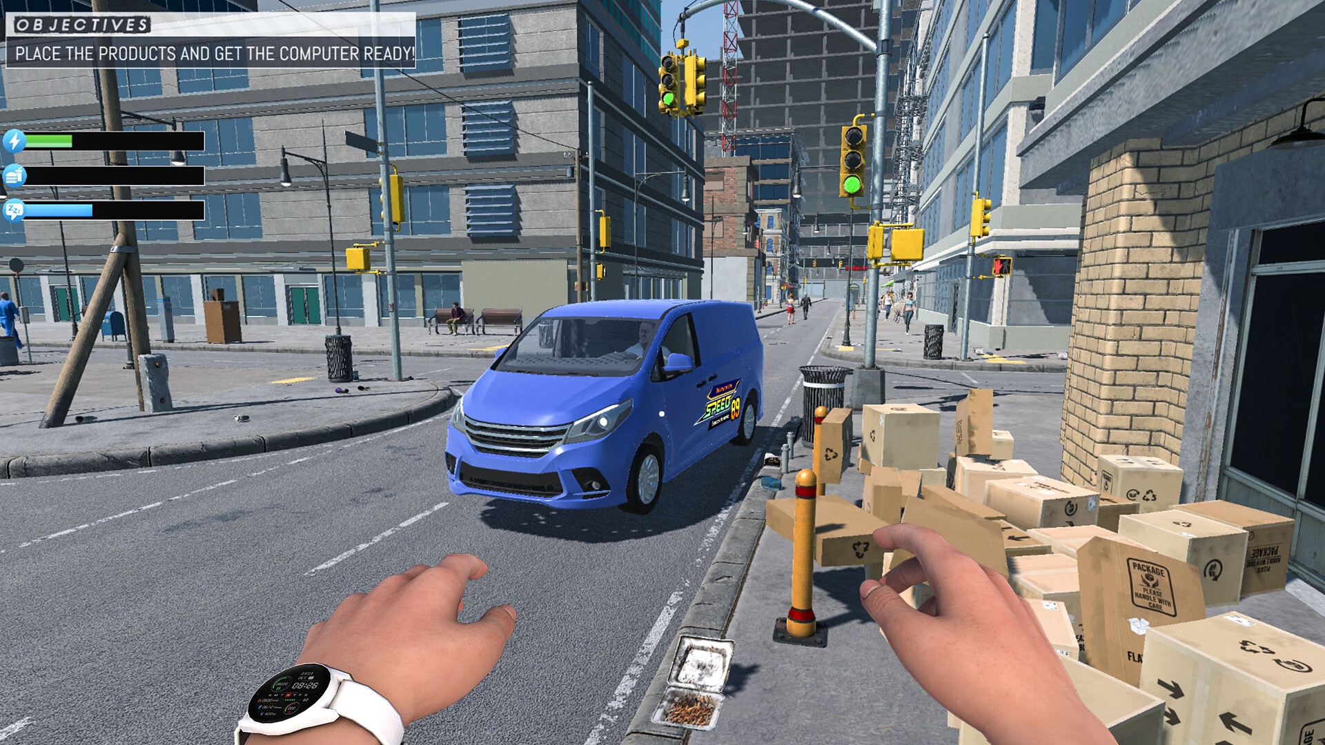 Grand Taking Ages: A first-person screenshot of someone looking at a blue minivan and a pile of boxes on a street corner