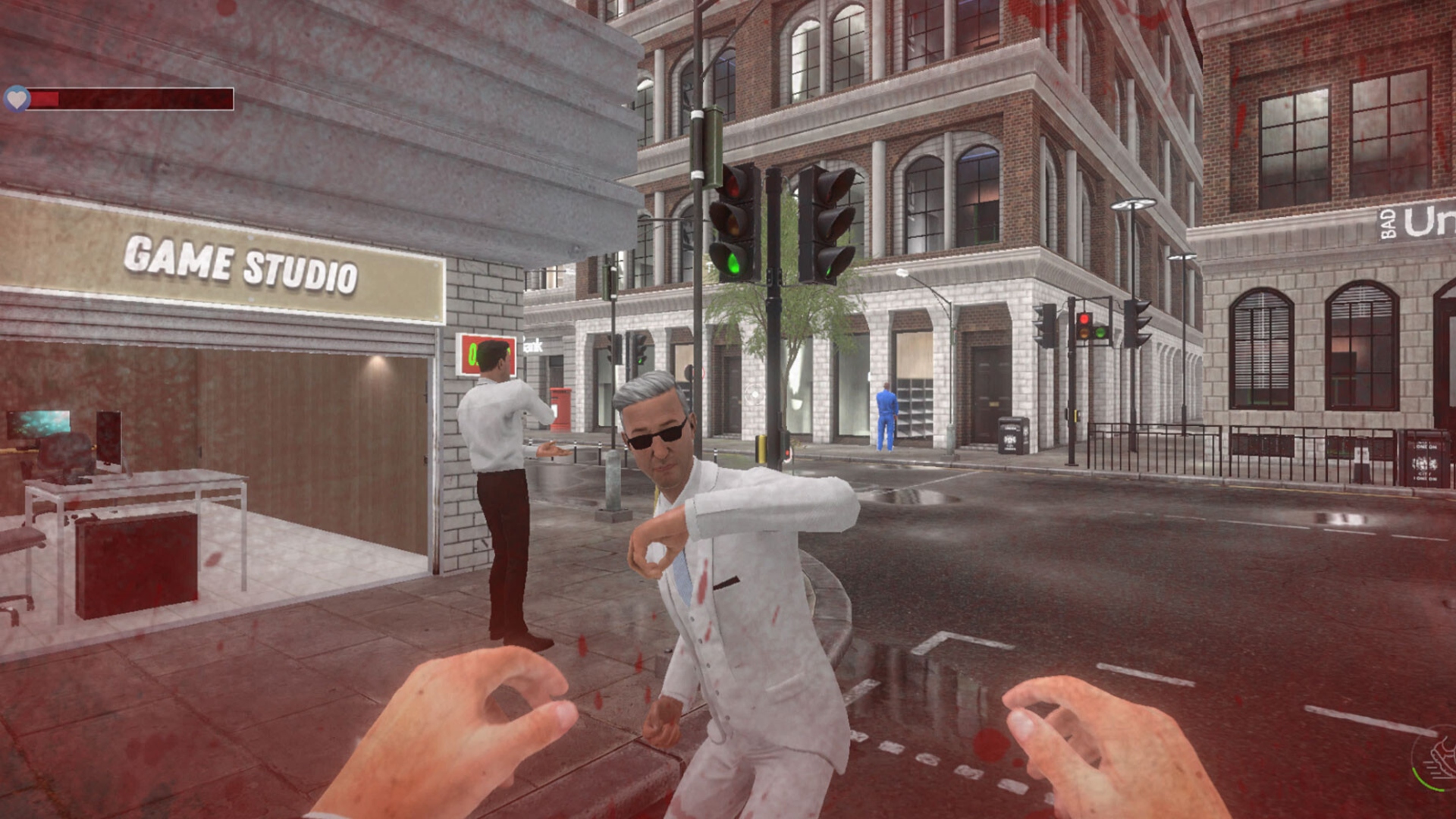 Grand Taking Ages: A first-person screenshot of a man in a white suit winding up a punch
