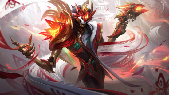 A man wearing an Asian-style mask with golden feathers stands with his hands out, a gun in one