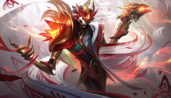 A man wearing an Asian-style mask with golden feathers stands with his hands out, a gun in one