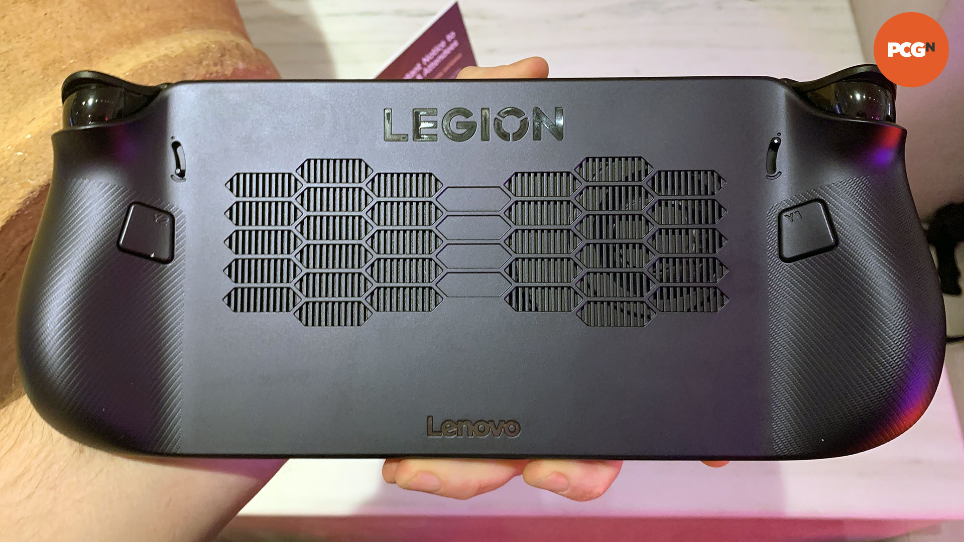 Lenovo Legion Go S hands on: Underside of handheld.